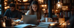 Female student using a laptop at a desk in a warmly lit library.