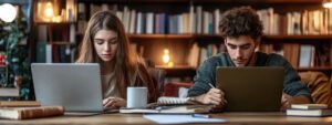 Male and female students working side-by-side on laptops at a library table with notebooks and coffee.