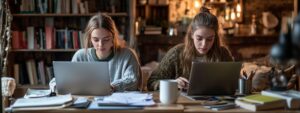 Two college students working together on laptops with notes and coffee at a desk.
