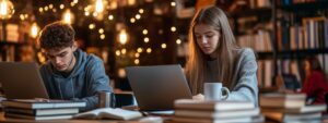 Two college students studying together on laptops in a warm library environment with books and string lights.