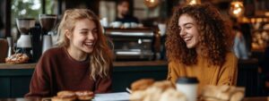 Two students laughing together at a coffee shop with pastries on the table.
