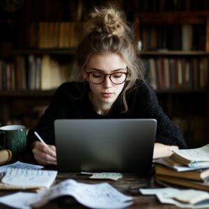 Student with glasses intensely studying on laptop with books and notes spread out.