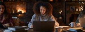 Focused college student working on laptop with coffee mug and notes on desk.