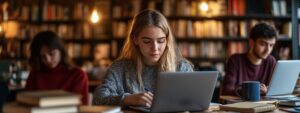Student studying in a library with a laptop and books, concentrating on exam preparation.