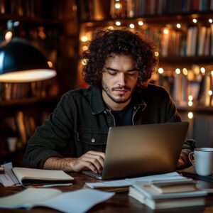 Male student with curly hair studying on laptop at a desk with books and notes.
