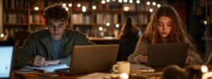 Male and female students studying together in a library with laptops.