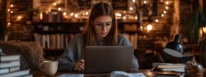 Student wearing glasses studying on a laptop at a desk with warm string lights in the background.