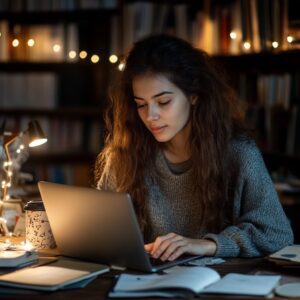 Young student in a cozy library smiling while typing on laptop with coffee nearby.