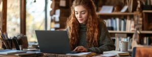 Red-haired student smiling slightly while working on laptop in study space