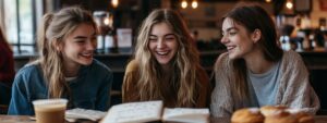 Group of students laughing and reviewing notes at café.