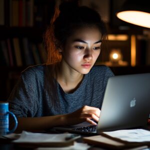 Young woman working on a laptop at night, concentrating on her notes.