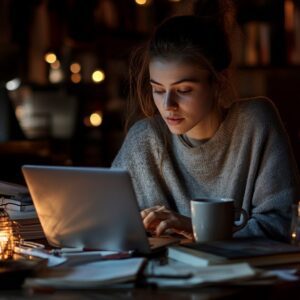 Young student in grey sweater working on laptop at a study desk with coffee mug.