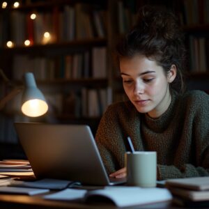 Focused student studying corporate accounting on laptop in library.