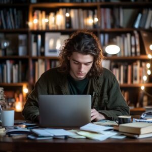 Male student with long hair working on laptop at a desk cluttered with papers and books.
