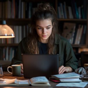 Female student concentrating on laptop with coffee mug and notes on desk