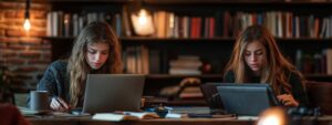 Two students concentrating on laptops in a warm library environment.