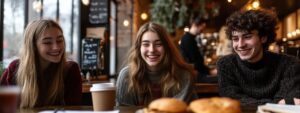 Group of smiling college friends enjoying coffee and food at a café.