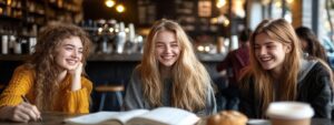 Three students laughing together in a café with open books and coffee.