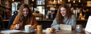 Two college students laughing together in a café with coffee, pastries, and study notes.