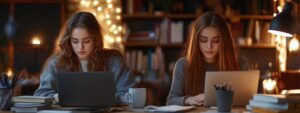 Two students focused on their laptops, surrounded by books and warm lights in a study setting.