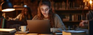 Student in a warm library setting working intently on a laptop with books and coffee.