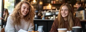 Two friends smiling and talking while studying together in a café.