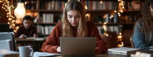 Student in red sweater studying on laptop in a warm library setting with books and lights.