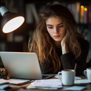 Student under a desk lamp working late on a MiniTab exam project.