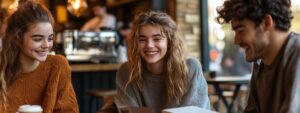 Three students smiling and chatting together in a café setting.