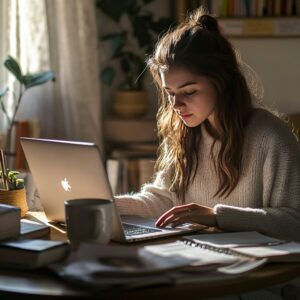 College student studying at home with laptop and financial books.