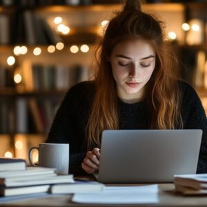 Student in a cozy study space concentrating on her laptop with books around.