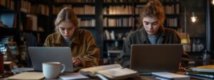 Two college students studying intently on laptops with open books in a library.