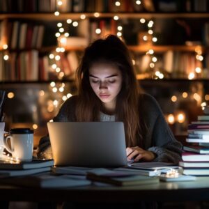 Student working on laptop at a desk with books and warm lighting.