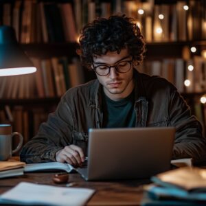 College student working on laptop with books and coffee, studying late in a library.