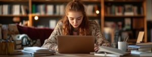 A young student at home studying auditing materials on a laptop surrounded by books.