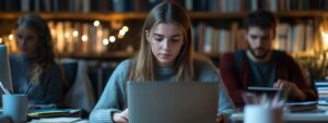 Female student working on laptop in library setting with peers in background