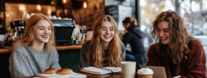 Three students sharing laughs while studying in a coffee shop.