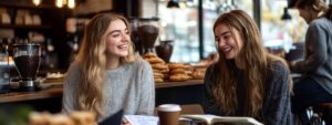 Two college students smiling and chatting at a café with coffee and pastries.
