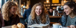 Three students laughing together at a café with notebooks and coffee on the table.