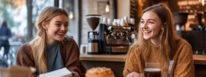 Two college students laughing together at a café with books and coffee.