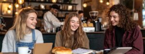 Three students smiling at a café table after completing a MiniTab exam online.
