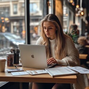 Student in a cozy café working intently on a laptop with notes.