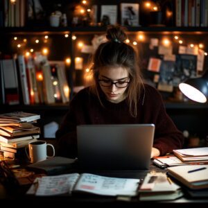 A college student in glasses working late at night with piles of notes and books.