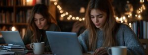 Two students working side by side with laptops and notebooks in a cozy library.