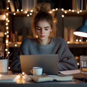 Student with hair in a bun working on a laptop surrounded by notebooks and warm decorative lights.