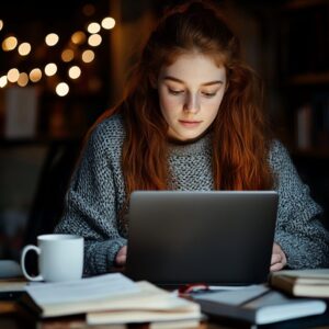 Red-haired student studying with laptop surrounded by books and a coffee mug.