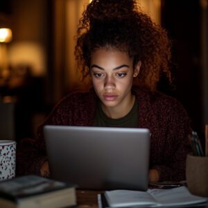 Student with curly hair tied up, studying late at night on laptop with books and coffee.