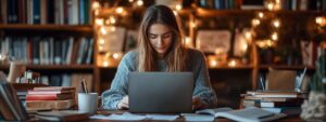 A student studying with a laptop in a cozy library lit with warm string lights.