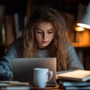 Student with curly hair studying late at night on a laptop with books and coffee.