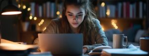 Student studying late at night with laptop and coffee surrounded by notes and warm lighting.